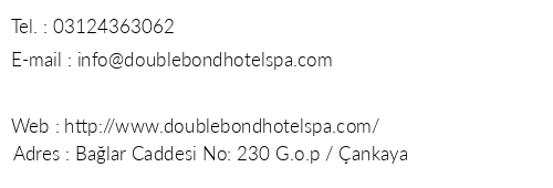 Double Bond Hotel Spa telefon numaralar, faks, e-mail, posta adresi ve iletiim bilgileri